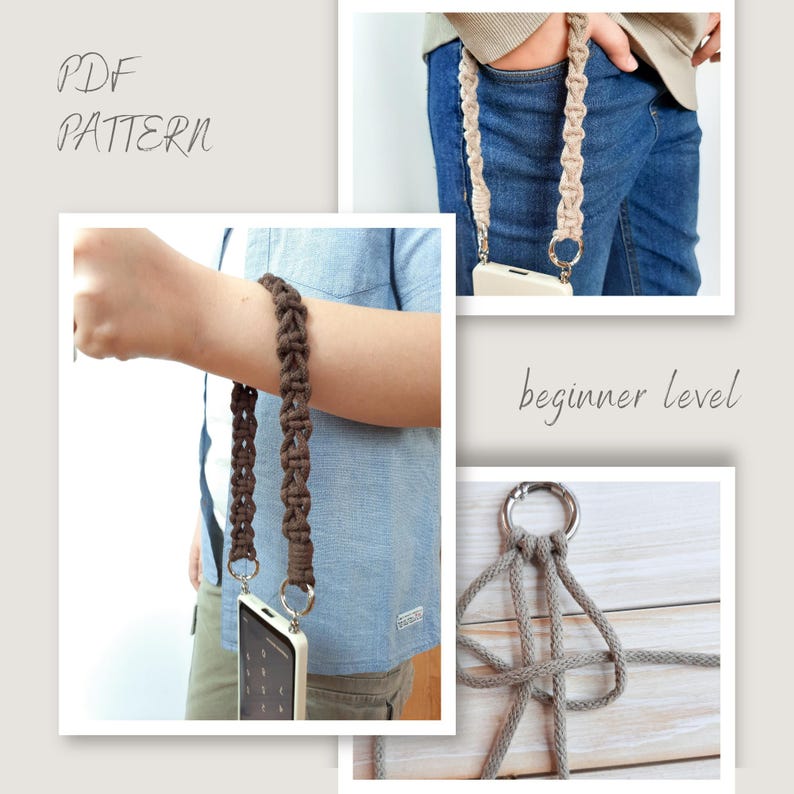Peut inclure: Une sangle de t&eacute;l&eacute;phone en macram&eacute; marron, montr&eacute;e en utilisation. La sangle est attach&eacute;e &agrave; un &eacute;tui de t&eacute;l&eacute;phone avec un anneau argent&eacute;. Le texte "PDF PATTERN" et "beginner level" est visible.