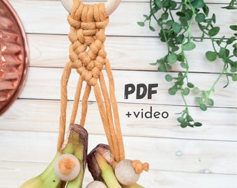 PDF-patroon bananenhanger, macramé voor beginners, zelfstudie keukenopslag, hangend fruit