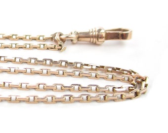 Victorian Gold Long Chain Necklace, Solid 10K Gold Square Cable Chain & Dog Clip Swivel Clasp Antique 1800s Fine Jewelry