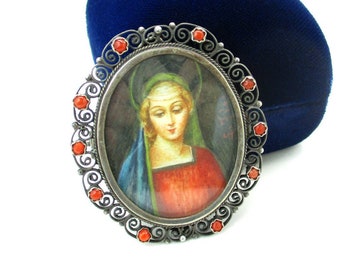 Hand Painted Madonna Brooch, Coral & 800 Silver Cannetille Filigree Frame Pendant, Vintage Italy Religious Jewelry