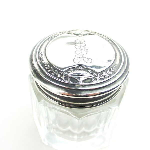 Sterling Silver Glass Vanity Jar, Embossed Urn & Foliate Decor Engraved Monogram CFA Antique 1910s Dresser Rouge Box