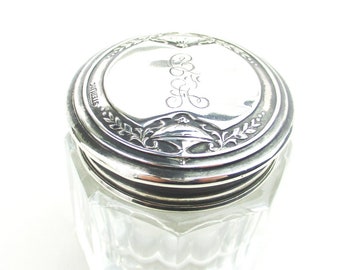 Sterling Silver Glass Vanity Jar, Embossed Urn & Foliate Decor Engraved Monogram CFA Antique 1910s Dresser Rouge Box