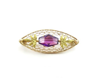 Victorian 10K Gold Brooch Amethyst Paste Glass w/ Filigree & Green Gold Leaves Edwardian 1910s Antique Gold Fine Jewelry