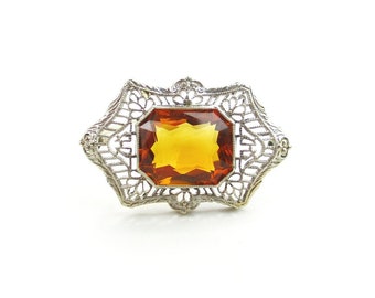 Antique Citrine Brooch, Edwardian Filigree 14K White Gold 3 ct Octagon Cut Gemstone, 1910s November Birthstone Jewelry