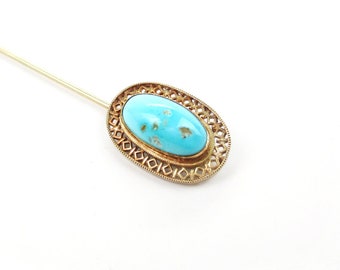 Edwardian Stick Pin, Antique Large Turquoise Cabochon in 10K Gold Openwork Milgrain Engraved Setting, 1900s Fine Jewelry