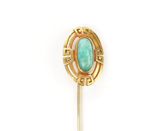 14K Gold Stick Pin, Antique Edwardian Greek Key Peking Glass Faux Jade Cabochon, 1910s Unisex Fine Gold Jewelry by Kirby