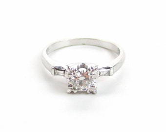 Antique 3 Diamond Engagement Ring, Art Deco .436 ctw European Cut w/ Baguettes 14K White Gold 1920s Fine Wedding Jewelry