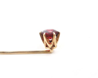 Edwardian 14K Gold Stick Pin, Garnet 1+ Ct Crown Setting Antique 1900s Gemstone January Birthstone Fine Gold Jewelry