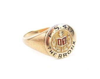 Antique Class Ring, Signet 14K Gold Enamel “The Bronx” P.S. 40 Dated 1917, 1910s New York High School Fine Jewelry