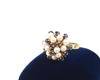 Sapphire & Pearl Ring, 14K Gold Statement Cocktail Cluster w/ June September Birthstones, Vintage 1960s Fine Jewelry