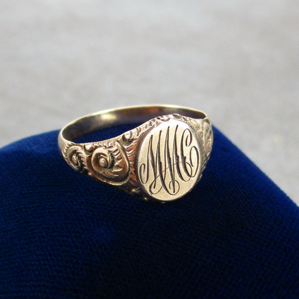 10K Gold Victorian Signet Ring, Women’s Engraved Initials “MMC” or “MCM” w/ Scrolls, Antique 1800s Personalized Jewelry