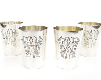 Silver Shot Cups, 1 oz Toasting Set of 4 800 Silver Vodka Cordial Liqueur Engraved Monogram W, Antique Germany Barware