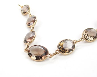 Smoky Quartz 14K Gold Bracelet, Faceted Ovals Elongated Oval Links, Vintage Retro Grounding Protection Gemstone Jewelry