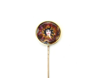 Antique 14K Gold Stick Pin, Art Nouveau Flower Woman Face Hand Painted Enamel, 1800s Unique European Gold Fine Jewelry