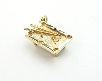 Pool Table Pendant, 10K Gold Billiards w/ Cue Sticks & Balls Charm, Fun Vintage 3D Figural Bar or Pub Game Fine Jewelry