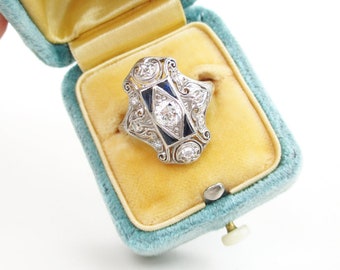 Antique Diamond Sapphire Ring, Platinum Edwardian Geometric Open Work Statement, 1910s Fine Gemstone Jewelry SZ 7.5