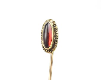 Victorian Garnet Stick Pin, 14K Gold Carved Swirls Oval Cabochon, Antique 1900s Sansbury & Nellis Fine Jewelry