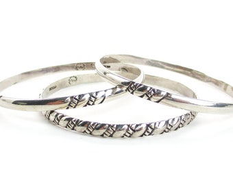 Sterling Silver Stacking Bangles, Set 3 Heavy Taxco Mexico Diagonal Embossed Oxidized Pattern Vintage Southwest Jewelry