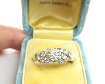 Art Deco Diamond Cluster Ring. 14K White Gold Illusion Setting w/ Stepped Milgraining, Vintage 1930s Wedding Band SZ 9+