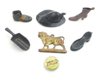 Metal Miniatures & Figural Theme Charms, Odd Asstd ‘This little Pig’ Bull Durham Boot Fireman’s Helmet Fun Craft Jewelry