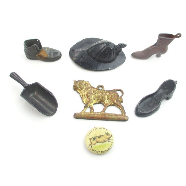 Metal Miniatures & Figural Theme Charms, Odd Asstd ‘This little Pig’ Bull Durham Boot Fireman’s Helmet Fun Craft Jewelry