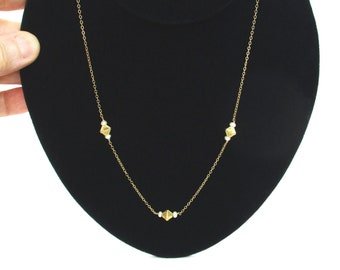 14K Gold Floating Pearl Necklace, Gem Stations on Cable Chain w/ Fluted Bicones, Vintage Delicate Layering Jewelry June