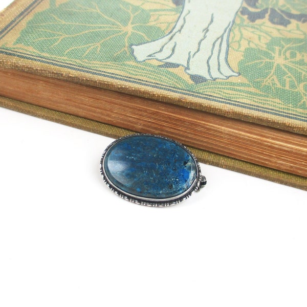 Lapis Sterling Brooch, Art Deco Carved Gemstone Embossed Geometric Silver Border, Antique Germany 1920s Fine Jewelry