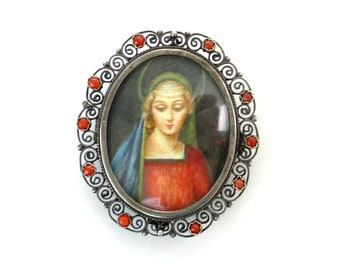 Hand Painted Madonna Brooch, Coral & 800 Silver Cannetille Filigree Frame Pendant, Vintage Italy Religious Jewelry