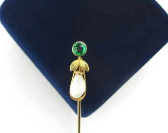 Antique 10K Gold Stick Pin, Edwardian Emerald Paste Freshwater Pearl & Black Hills Gold Leaves, 1910s Fine Gold Jewelry