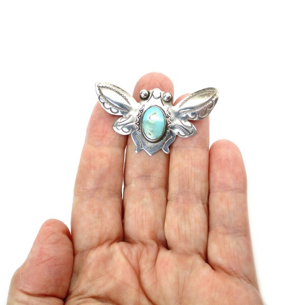 Navajo Turquoise Insect Brooch, Stamped Sterling Silver Cicada Bug, Vintage Native American Southwestern Jewelry