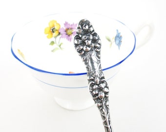 Antique Sterling Silver Spoon, Floral Embossed Orange Blossoms “Old” Pattern Engraved Date ‘09 Alvin Coffee Spoon 1900’s