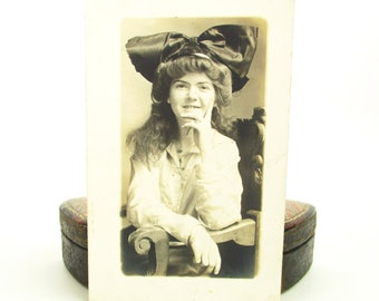 Girl with Huge Hair Bow Photo, Antique 1900s 1910s Postcard, Real Photo Portrait RPP Edwardian Fashion AZO Collectible