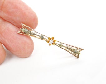 Edwardian Diamond Brooch, Antique Buttercup 10K Gold Filigree Setting Green Gold Leafy Accents, 1910s Fine Gold Jewelry