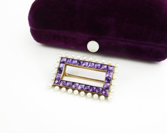 Antique Amethyst Pearl Brooch, Small 14K Gold Channel Set French Cut Gemstones, Vintage 1920s Art Deco Jewelry