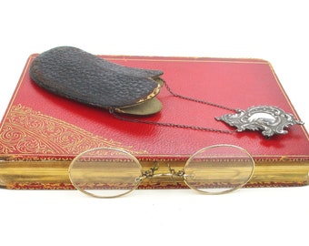 Antique Pince-Nez, 1800s Gold Filled Eyeglasses w/ Orig. Leather Case & Sterling Silver Chatelaine Brooch, RARE Optical