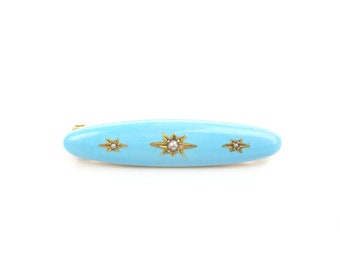 14K Gold Enamel Brooch, Krementz Art Nouveau Stars w/ Seed Pearls Bar Pin, Antique 1800s American Victorian Era Jewelry