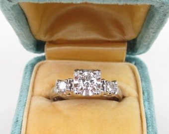 Illusion Diamond Engagement Ring, 3 Diamonds Cathedral Setting 14K White Gold “Devotion”, 1940s Art Deco Wedding Jewelry