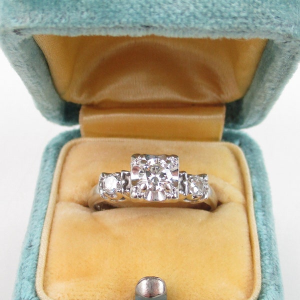 Illusion Diamond Engagement Ring, 3 Diamonds Cathedral Setting 14K White Gold “Devotion”, 1940s Art Deco Wedding Jewelry