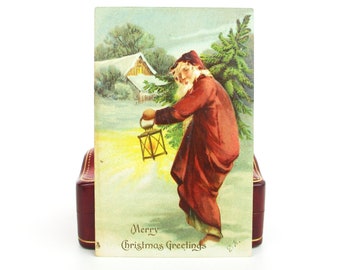 Old World Santa Postcard, Father Christmas Burgundy Robe w/ Fir Tree in Snow, Antique 1900s Holiday Card Tuck England