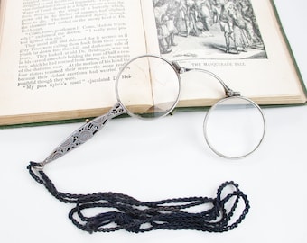 Antique Lorgnette, 800 Silver Push Button Folding Eyeglasses on Long Cord, French 1900s Victorian Art Nouveau Floral