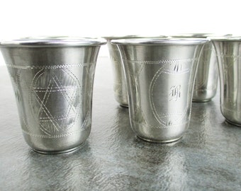 Sterling Silver Kiddush Cups, Set of 6 Antique Shabbat Roulette Engraved Monogram B & Star of David, 1920s Fine Judaica