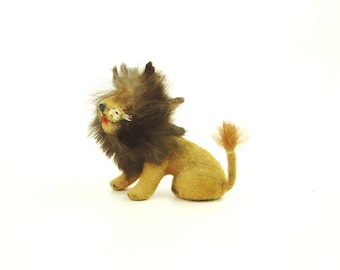 Miniature Lion, Flocked Wagner Animal Figure Sitting Lion Hand Painted W. Germany Vintage Bookshelf Windowsill Gift Idea