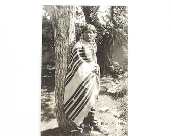 American Indian Photo, 1930s Pueblo Indian Man & Blanket w/ Woven Grass Moccasins Postcard, Vintage Taos New Mexico