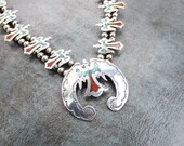 Native American Water Bird Necklace, T A Hannaweeke Sterling Silver Naja Turquoise Coral Inlay, Vintage Zuni Jewelry