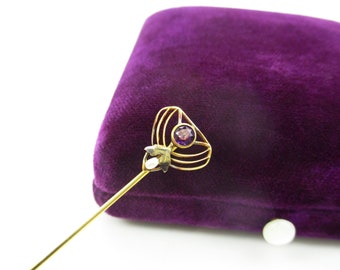 10K Gold Edwardian Paste Stick Pin, Art Nouveau Amethyst Purple Glass w/ Freshwater Pearl, Antique 1910s Fine Jewelry