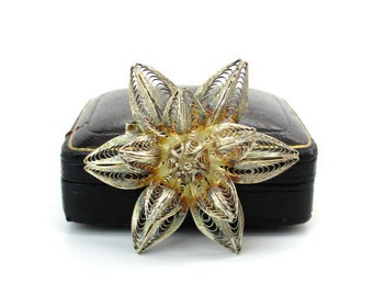 Vintage Antique Spun Filigree Silver Vermeil Link Bracelet and Brooch Set Floral Scrollwork Art Deco