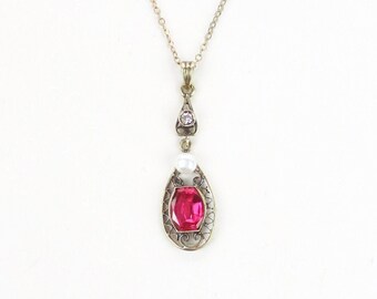 Antique Lavalier, 14K Gold Synthetic Ruby Diamond & Freshwater Pearl Pendant w/ Filigree, Edwardian 1910s Fine Jewelry