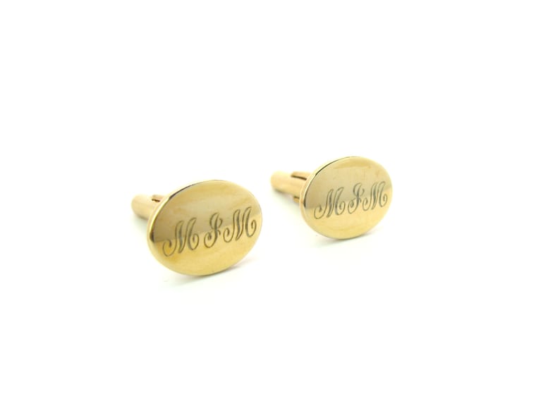 Vintage Wedding Business Krementz MJM Quality Plated Ovals w Topaz Lucite Bullet Fasteners Gold Monogram Cufflinks