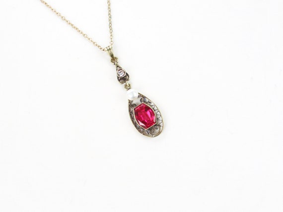 Antique Lavalier, 14K Gold Synthetic Ruby Diamond… - image 3