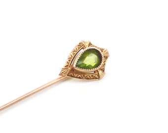 Edwardian Stick Pin, Antique 10K Gold Openwork Embossed Shield w/ Olivine Glass Teardrop, 1910s Fine Gold Jewelry